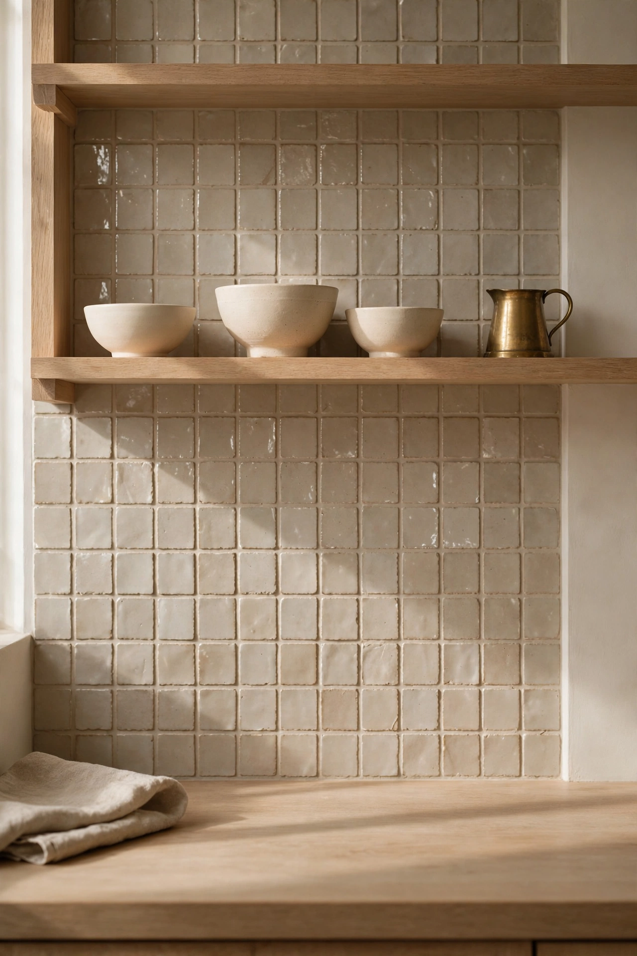 Oatmeal handmade tile backsplash with white oak open shelves, cream stoneware, and a brass pitcher