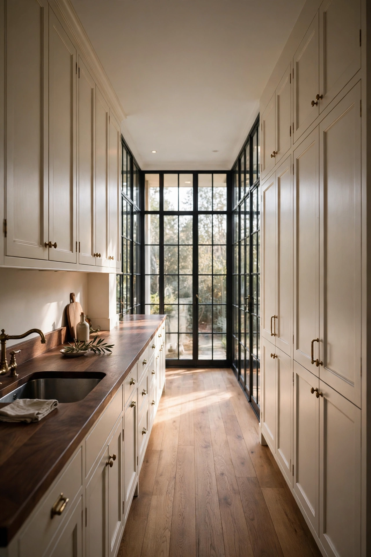 Narrow galley kitchen with black framed windows, warm white cabinets, and a walnut counter