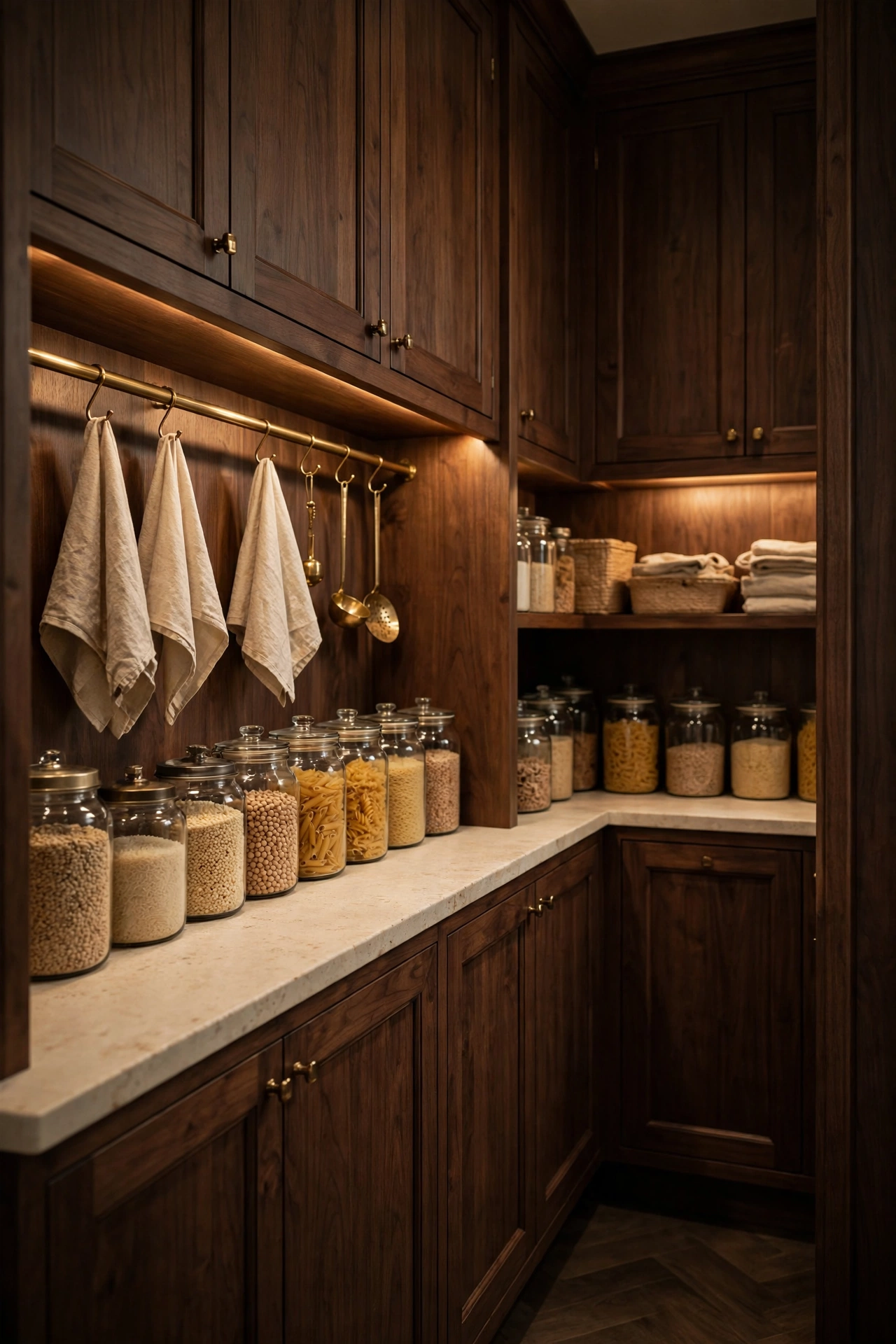 Walnut butlers pantry with a brass rail, cream stone counters, and jars of grains