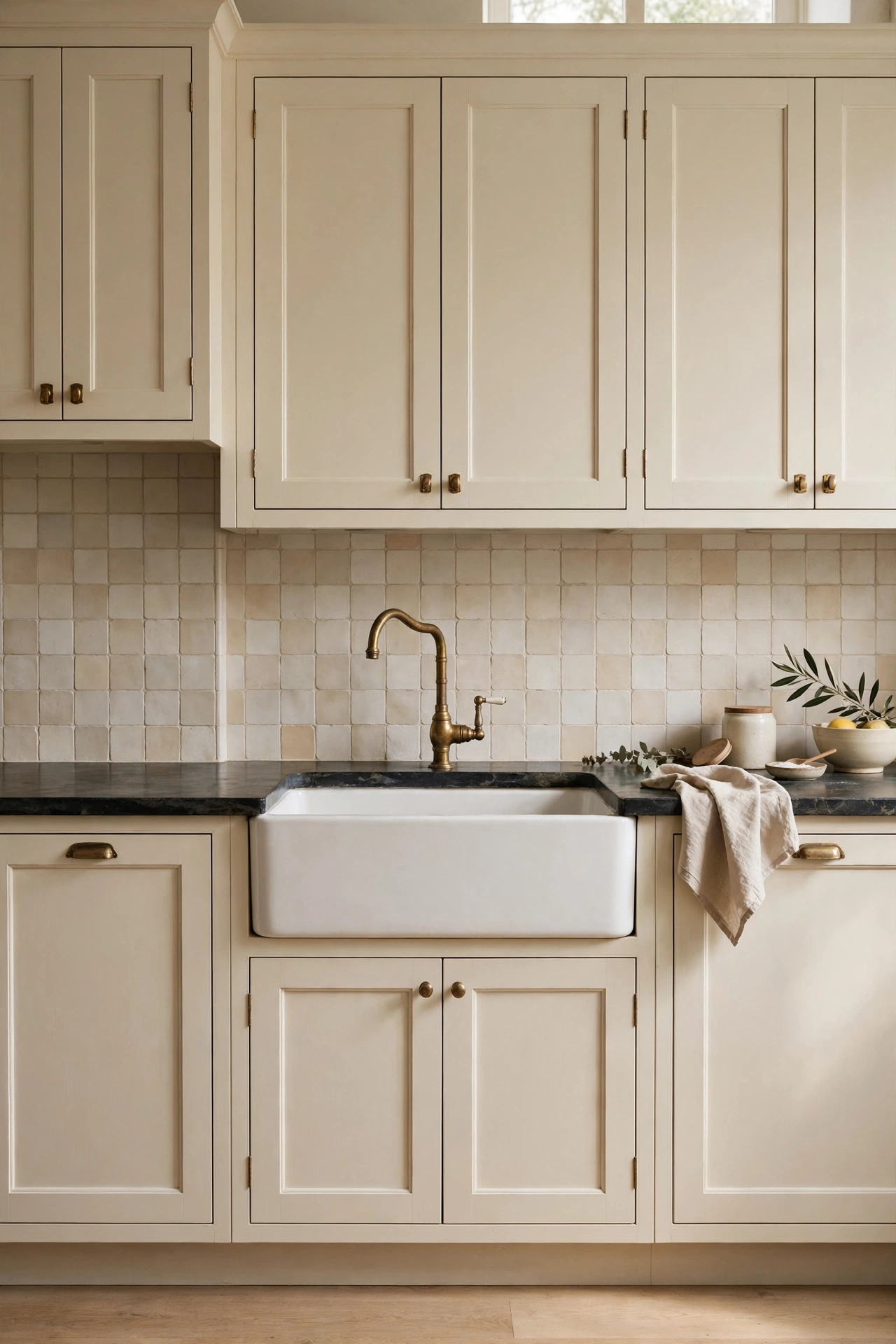 Cream cabinets with dark soapstone counters, aged brass gooseneck faucet, and farmhouse sink