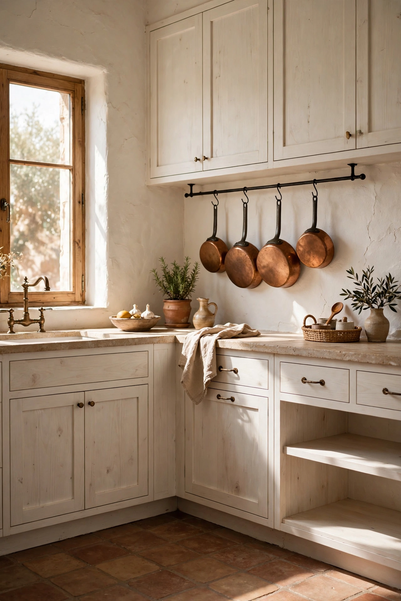 Muted terracotta floor tiles with ivory plaster walls and a simple white oak kitchen