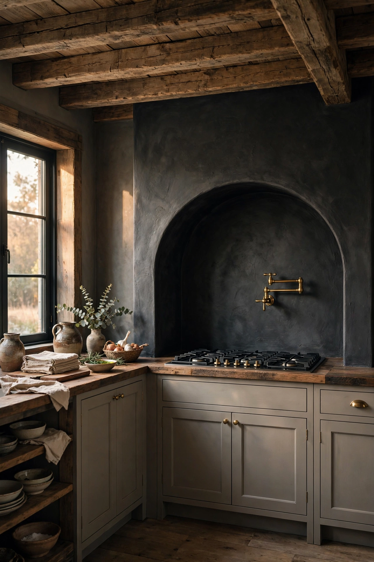 Charcoal range alcove with plaster surround, reclaimed oak beams, and a brass pot filler