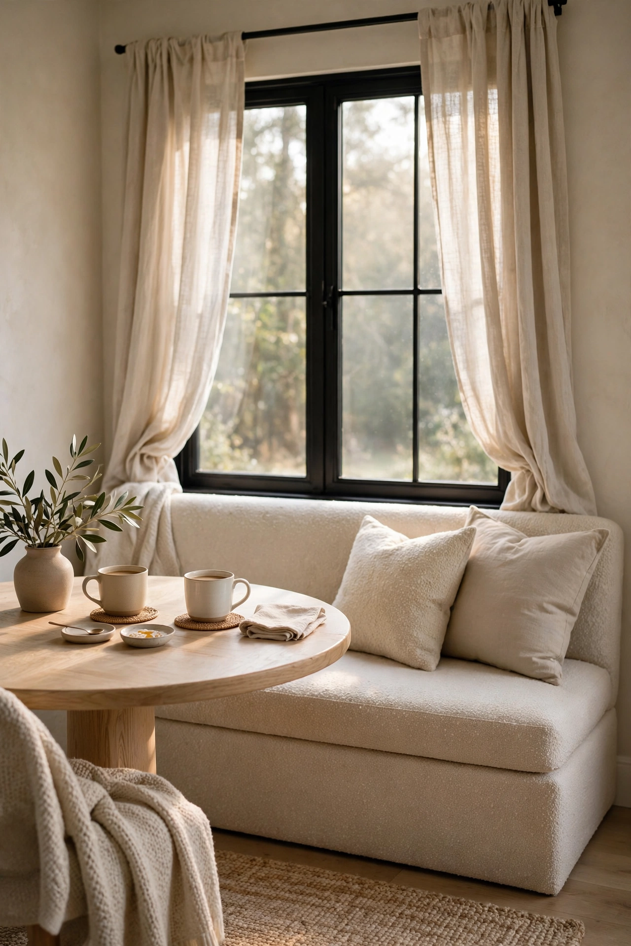 Breakfast nook with oatmeal boucle bench, round white oak table, and linen curtains