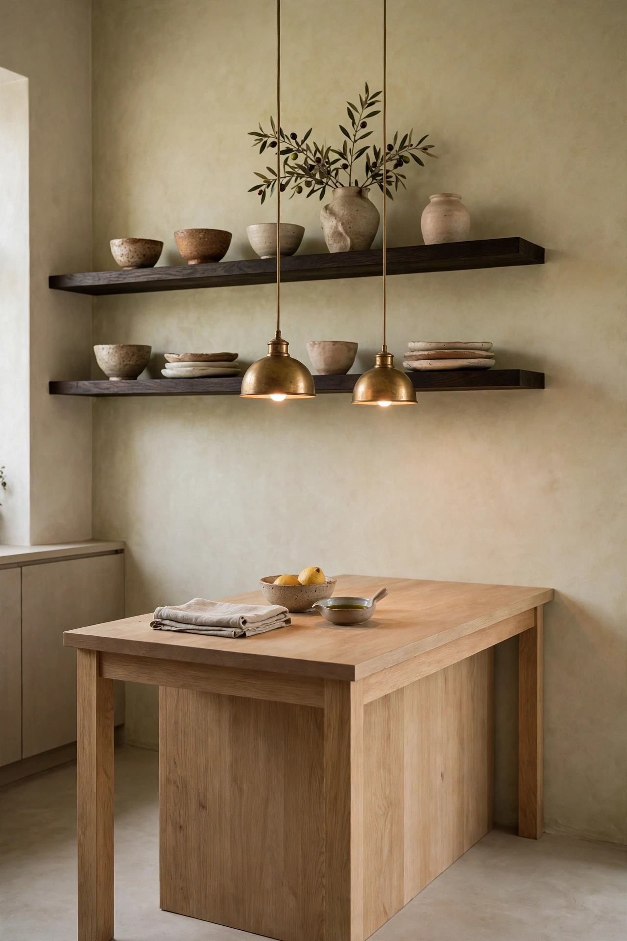 Limewash walls with dark stained floating shelves, ceramics, and small brass dome pendants