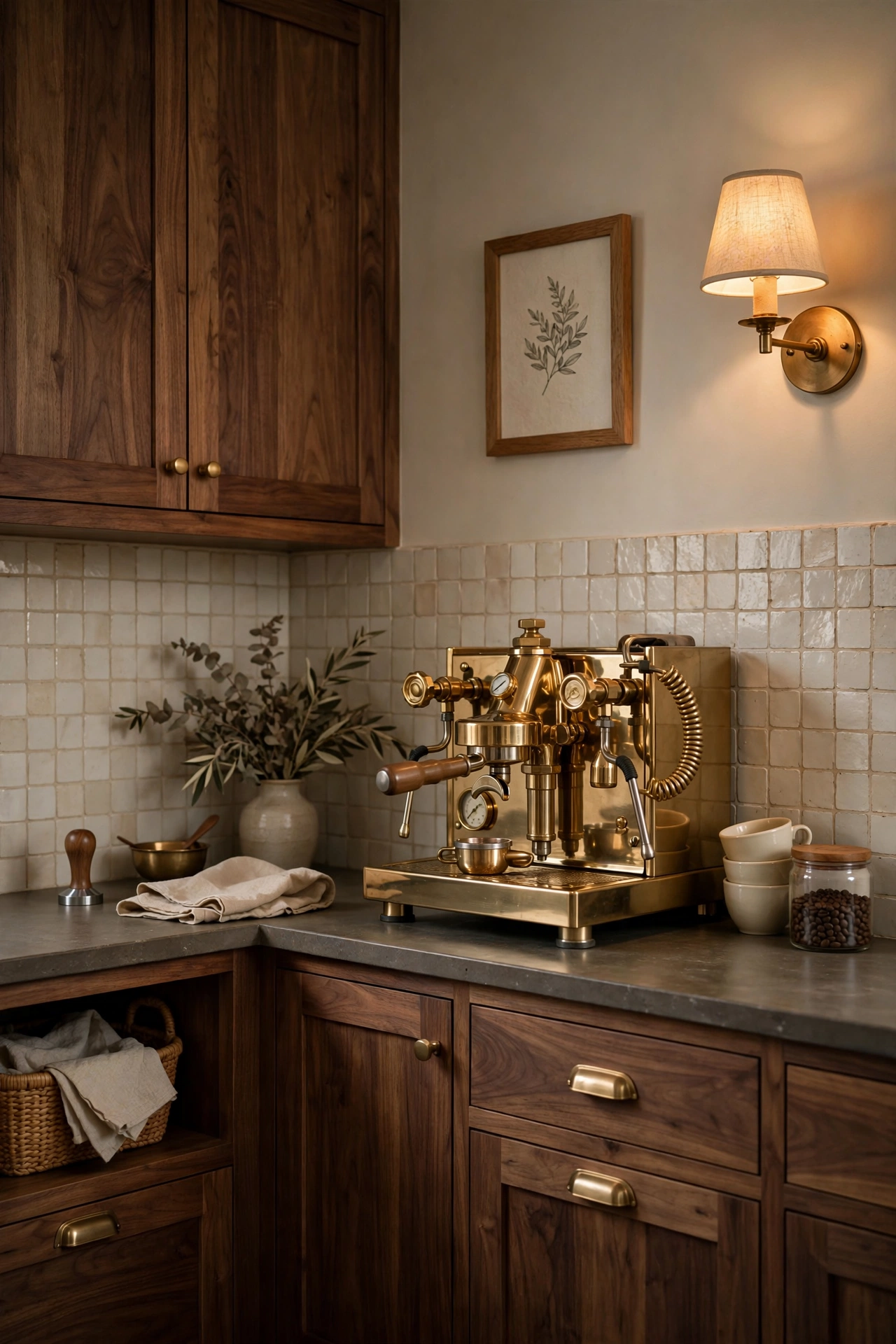 Walnut coffee bar corner with a brass espresso machine, cream tile, and oak framed art