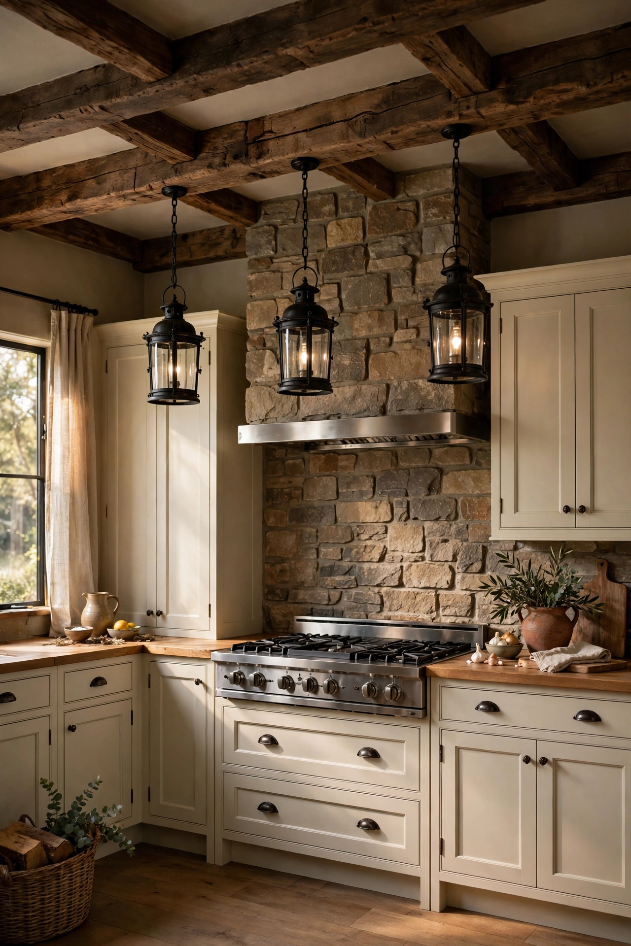 Cream shaker kitchen with a dark wood beam ceiling and iron lantern pendants