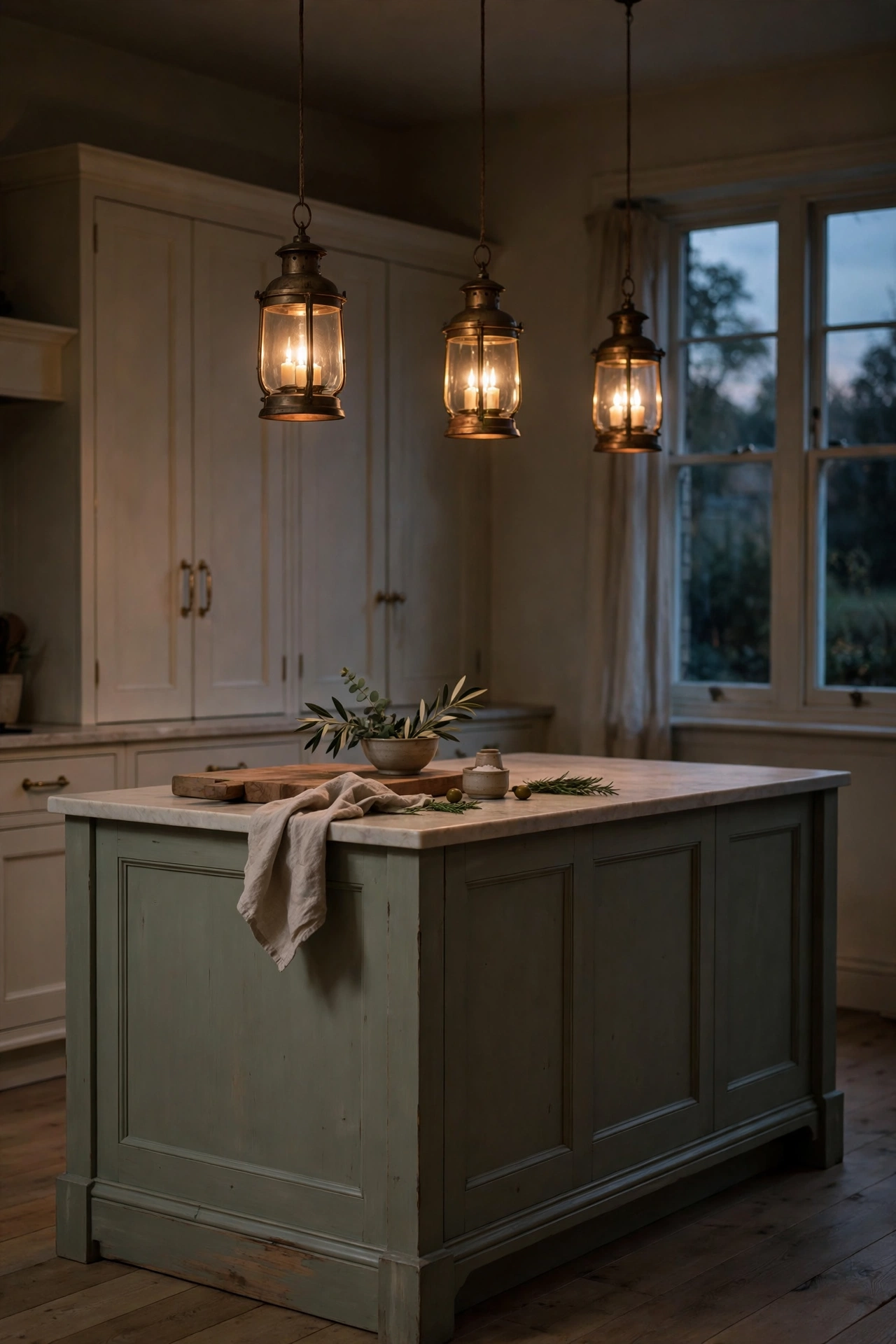 Muted sage olive island with glowing brass lantern pendants at dusk