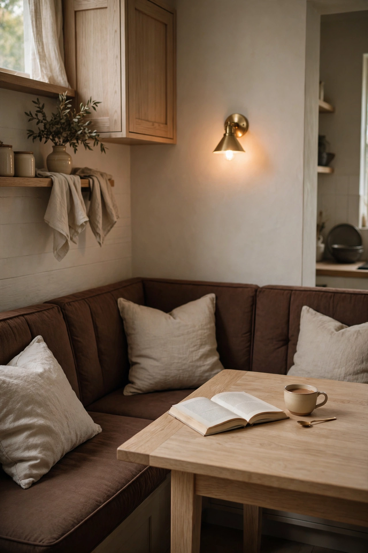 Chocolate brown built in banquette with natural linen cushions and an oak dining table