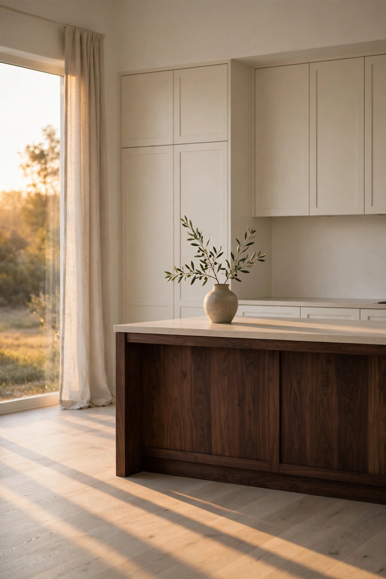 Serene ivory kitchen at golden hour with a walnut island and an olive branch in a stoneware vase