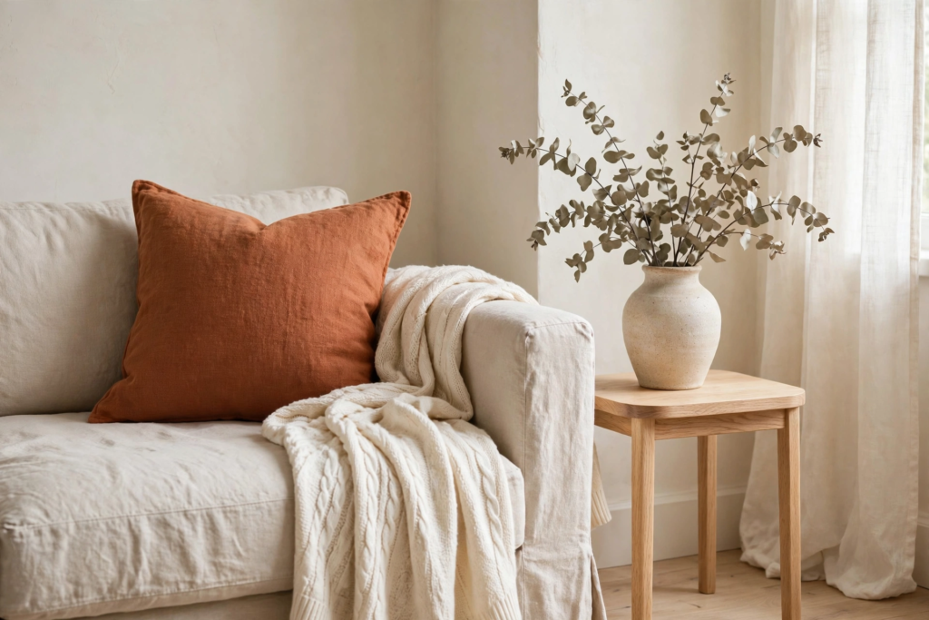 Oatmeal linen sofa corner with a rust pillow and cream throw beside a white oak side table with dried eucalyptus in soft morning light