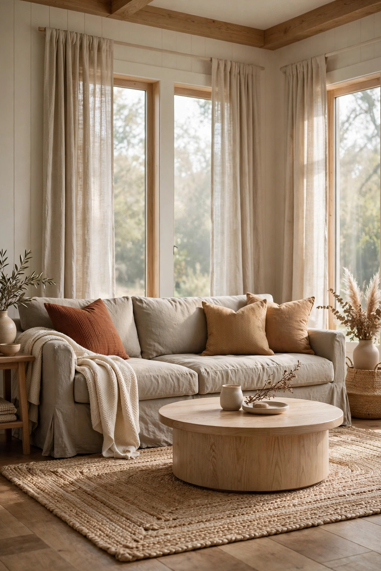 Warm modern farmhouse living room with an oatmeal linen slipcover sofa, rust and camel pillows, white oak coffee table, and soft morning light through linen curtains