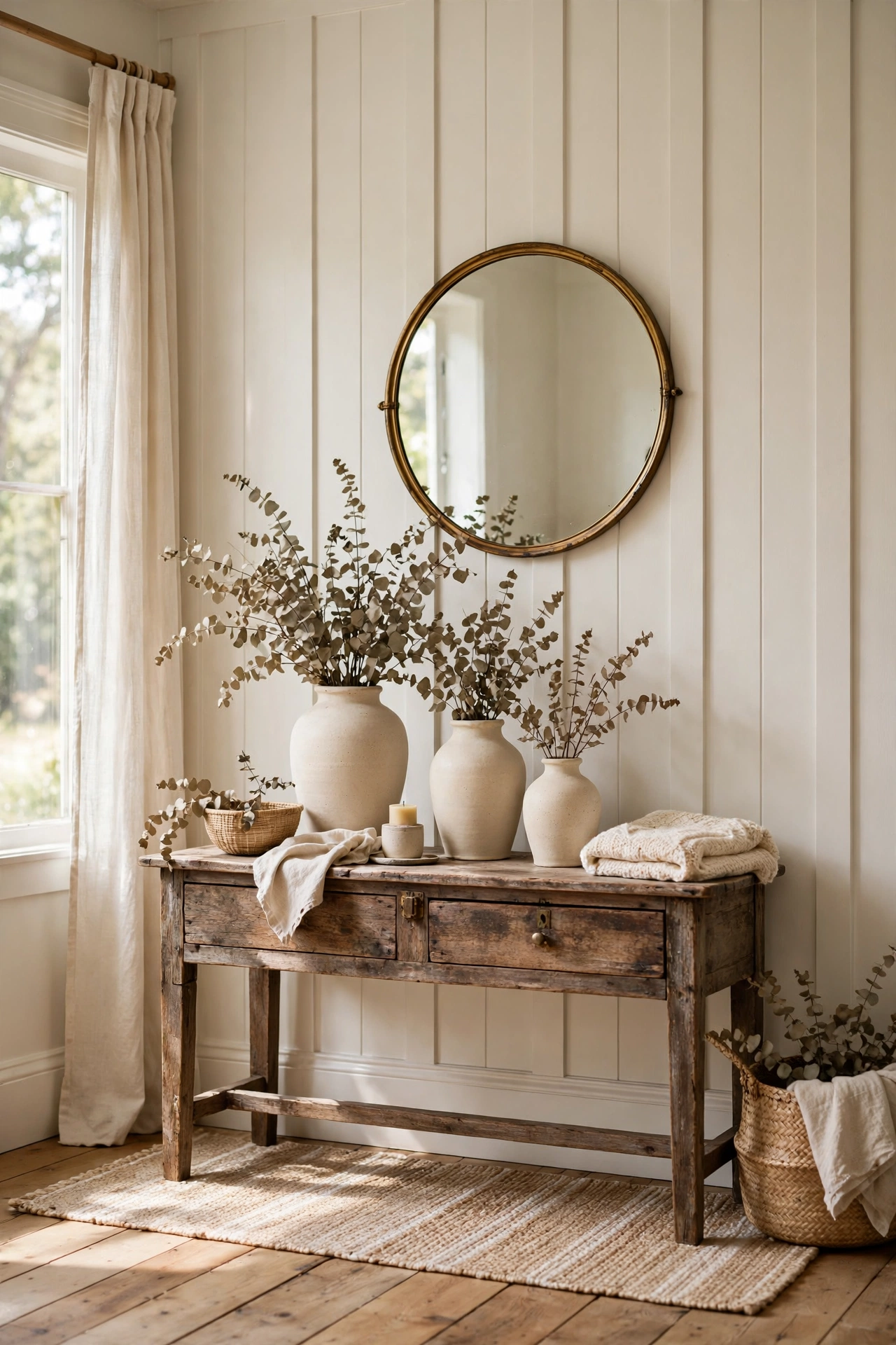 Warm white board and batten accent wall with a weathered wood console, stoneware vases of dried eucalyptus, and a round brass mirror