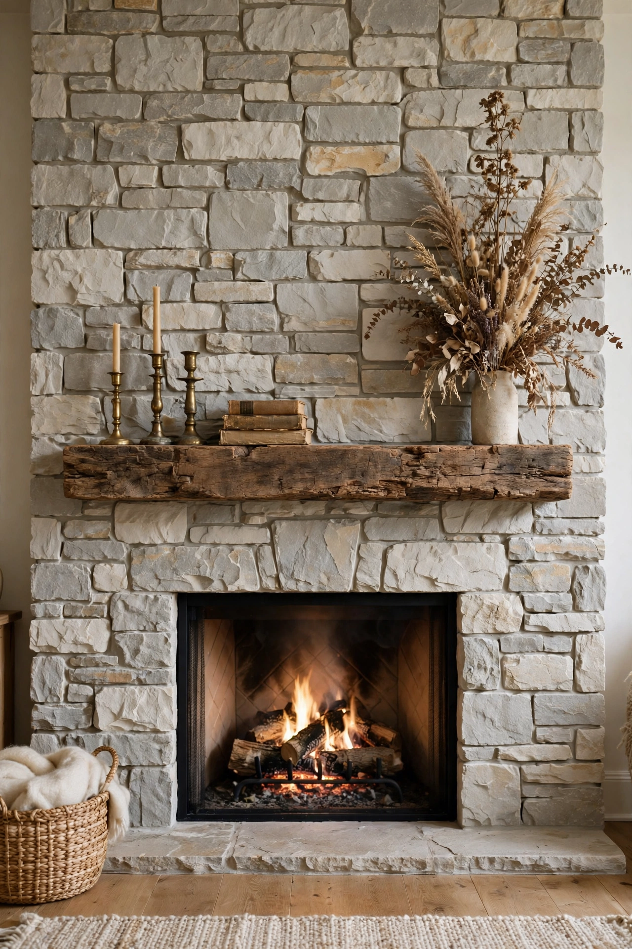 Floor to ceiling stone fireplace with a chunky reclaimed wood mantel styled with brass candlesticks, old books, and dried florals