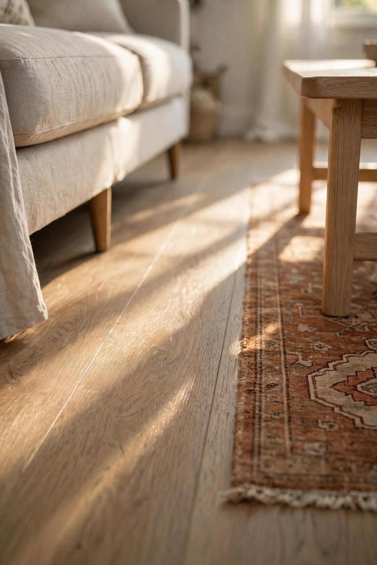 Wide plank natural oak floors with a soft matte finish, vintage rust and camel rug, and the legs of a linen sofa in warm morning light