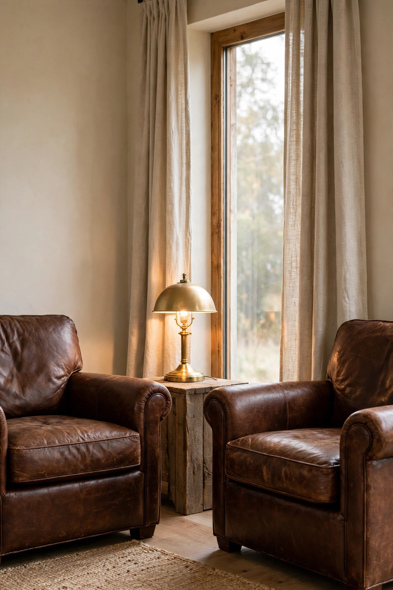 Two chocolate brown leather armchairs angled by a tall window with oatmeal linen curtains and a brass table lamp on a wood side table