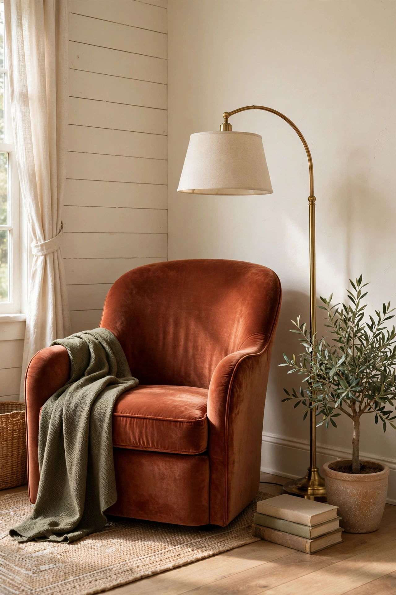 Rust velvet accent chair with a curved back in a cozy corner, olive throw, brass floor lamp, and potted olive tree