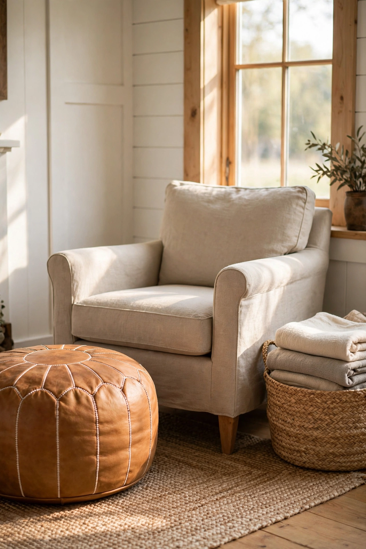 Round camel leather pouf beside an oatmeal armchair on a jute rug with a seagrass basket of folded throws