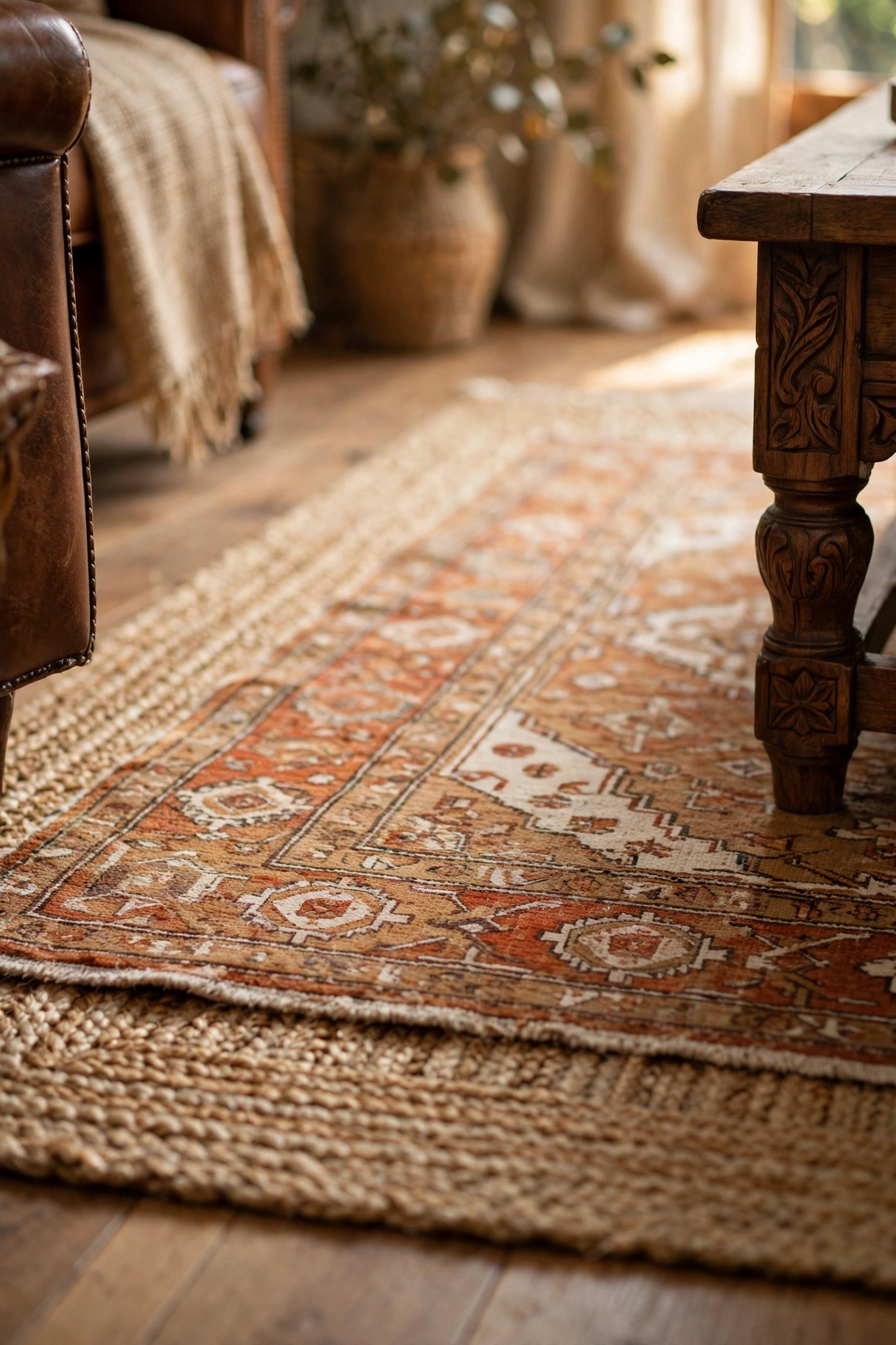 Vintage style rug in muted rust, camel, and cream layered over a natural jute rug with a wood coffee table leg
