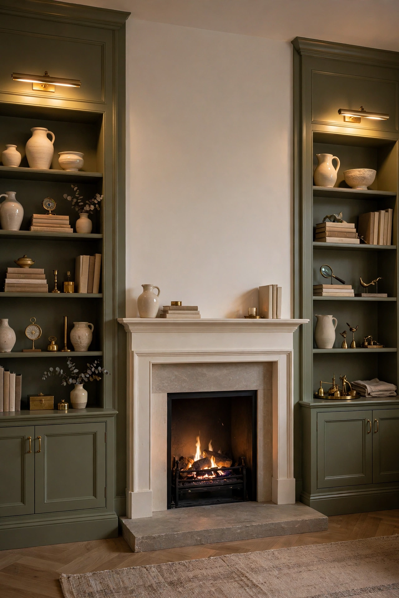 Olive green built in bookcases flanking a fireplace, styled with cream stoneware, books, and glowing brass picture lights