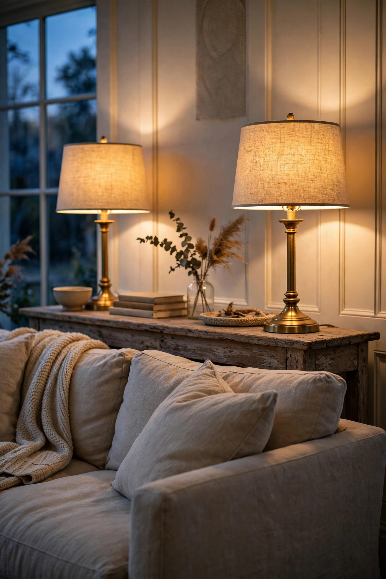 Pair of brass table lamps with natural linen drum shades glowing on a wood console behind a sofa at dusk