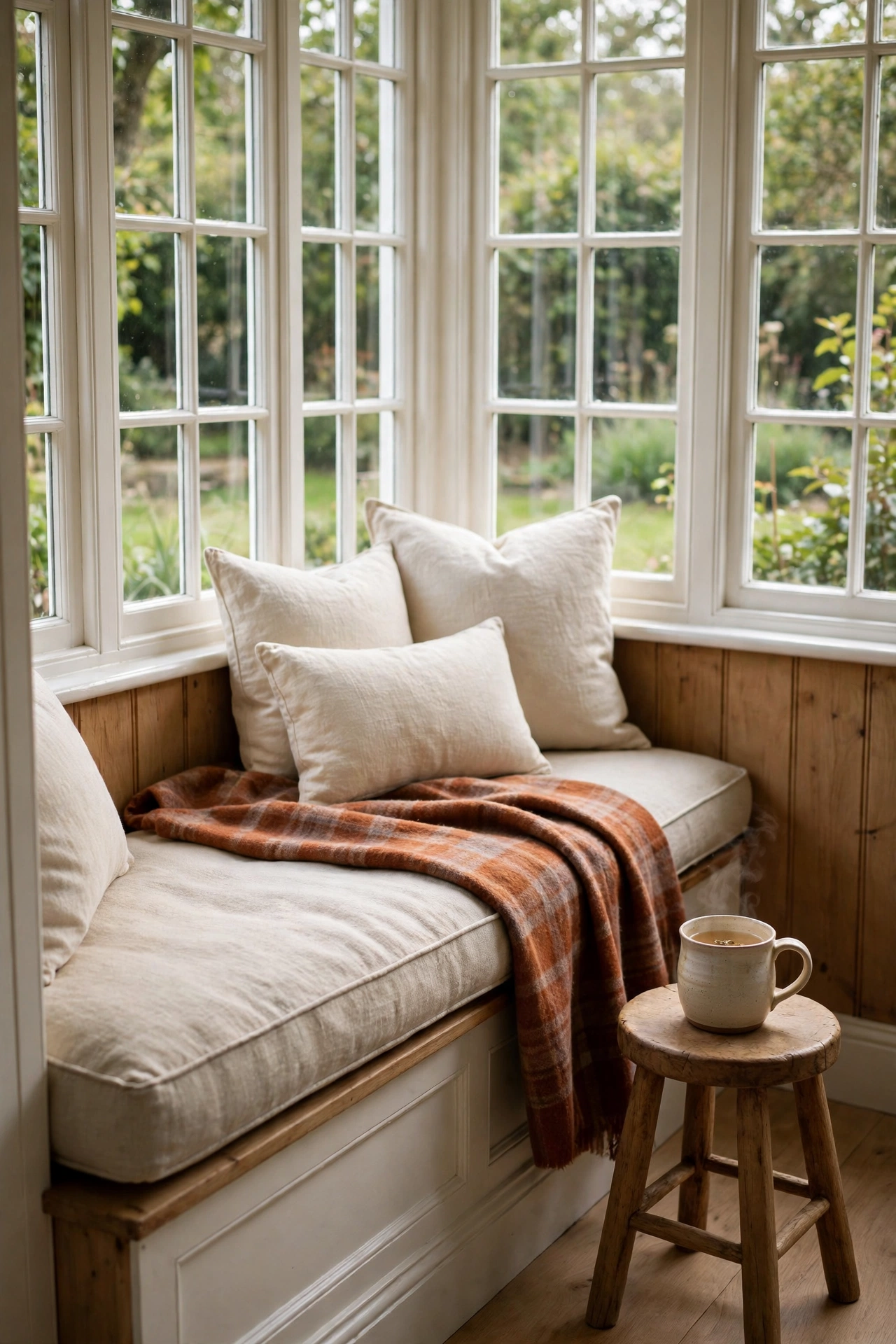 Window seat nook with a thick oatmeal linen cushion, rust plaid throw, and a wood stool holding a mug of tea