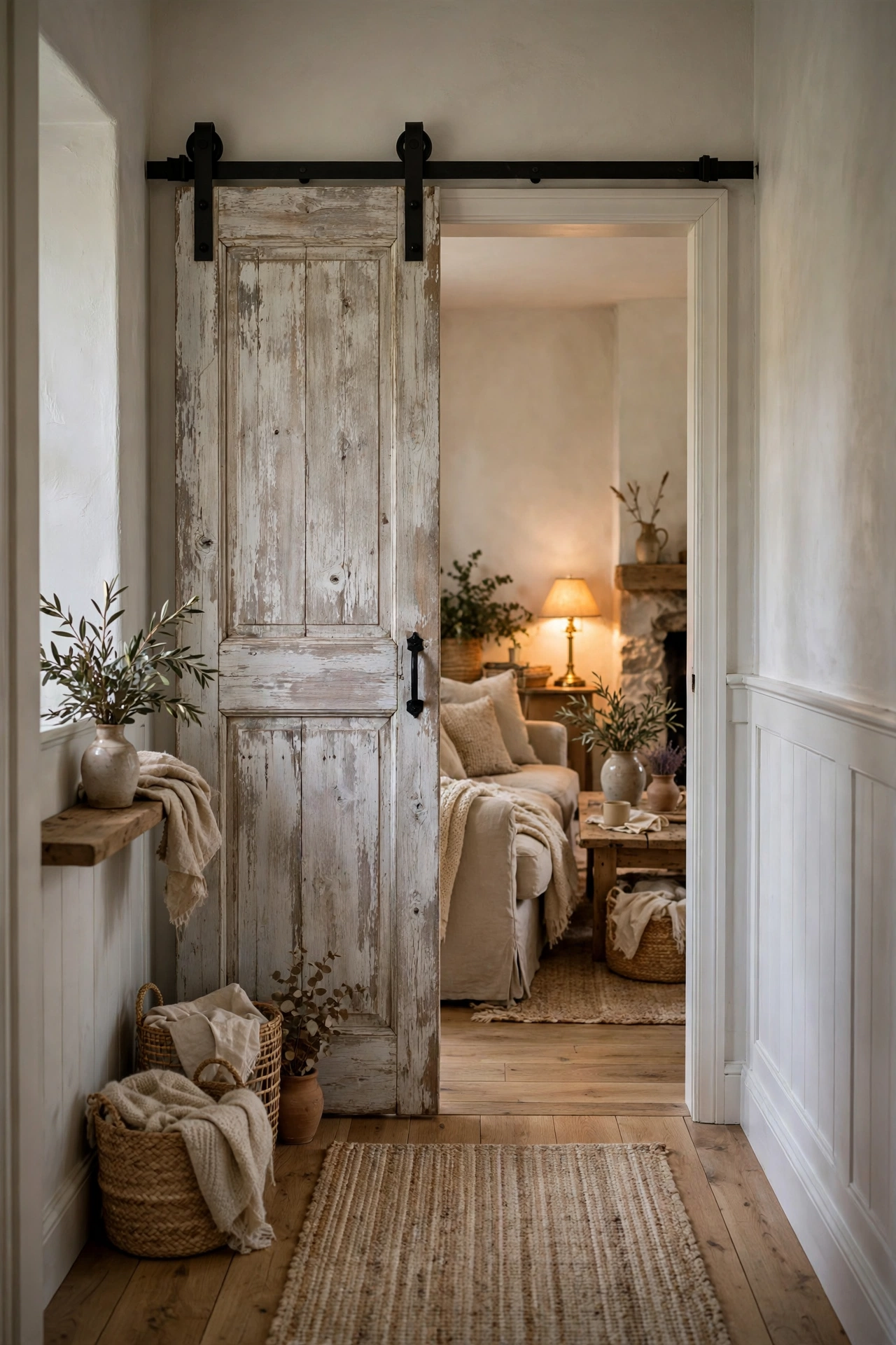 Sliding barn door in weathered whitewashed oak on black iron hardware opening into a warm farmhouse living room