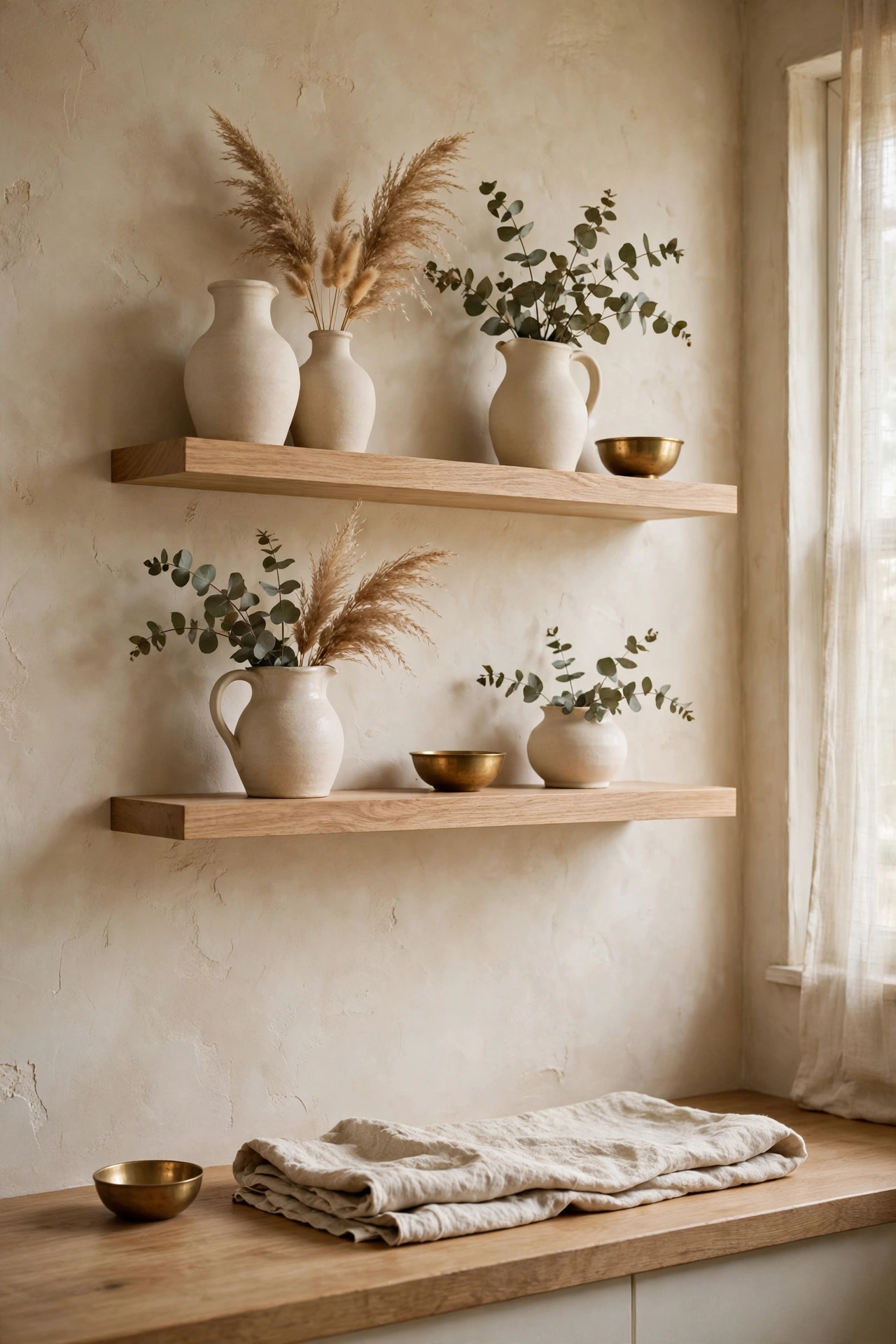 White oak floating shelves on warm plaster styled with cream stoneware pitchers, dried pampas grass, and small brass bowls