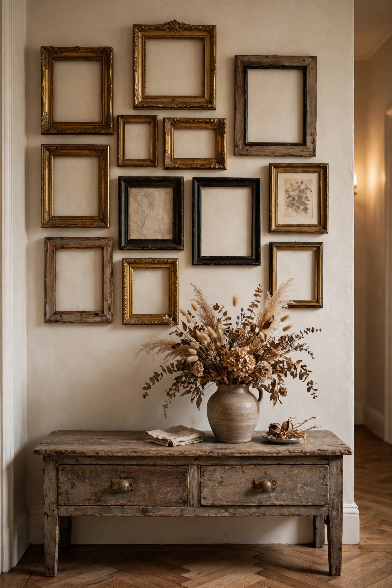 Gallery wall of mismatched vintage frames in brass, wood, black, and gilt above a weathered wood console