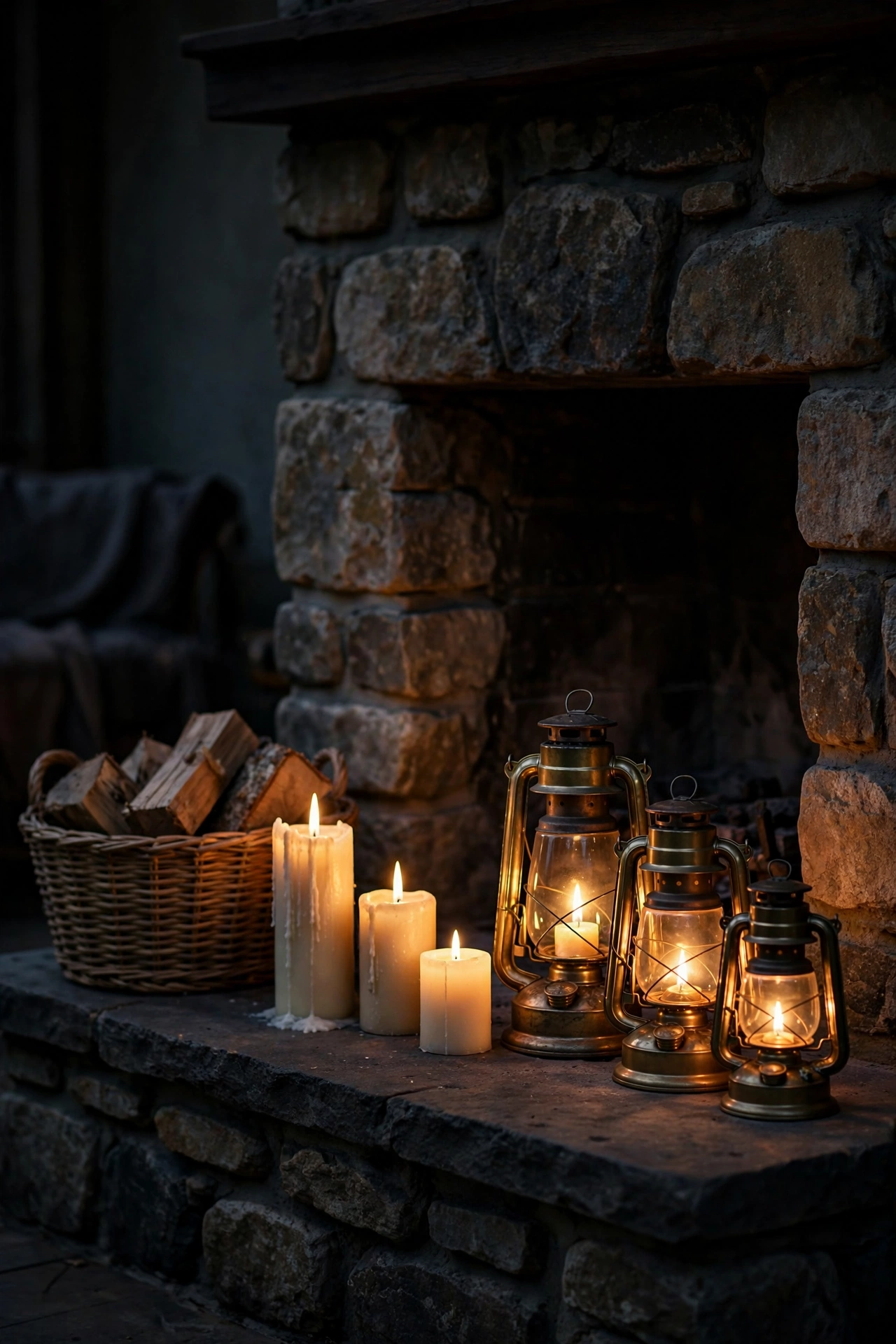 Stone fireplace hearth at dusk with glowing brass lanterns and pillar candles beside a basket of firewood