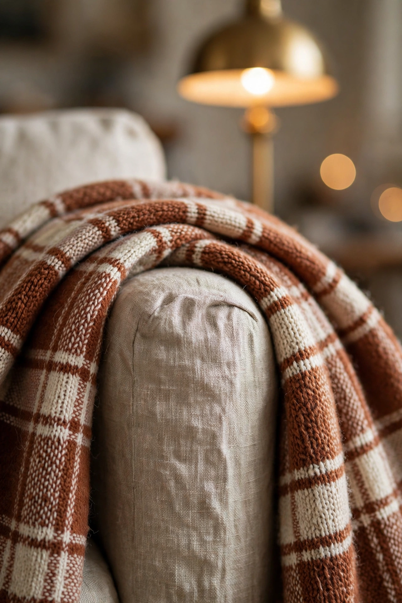 Close view of a rust, camel, and cream plaid wool throw draped over the arm of an oatmeal linen chair