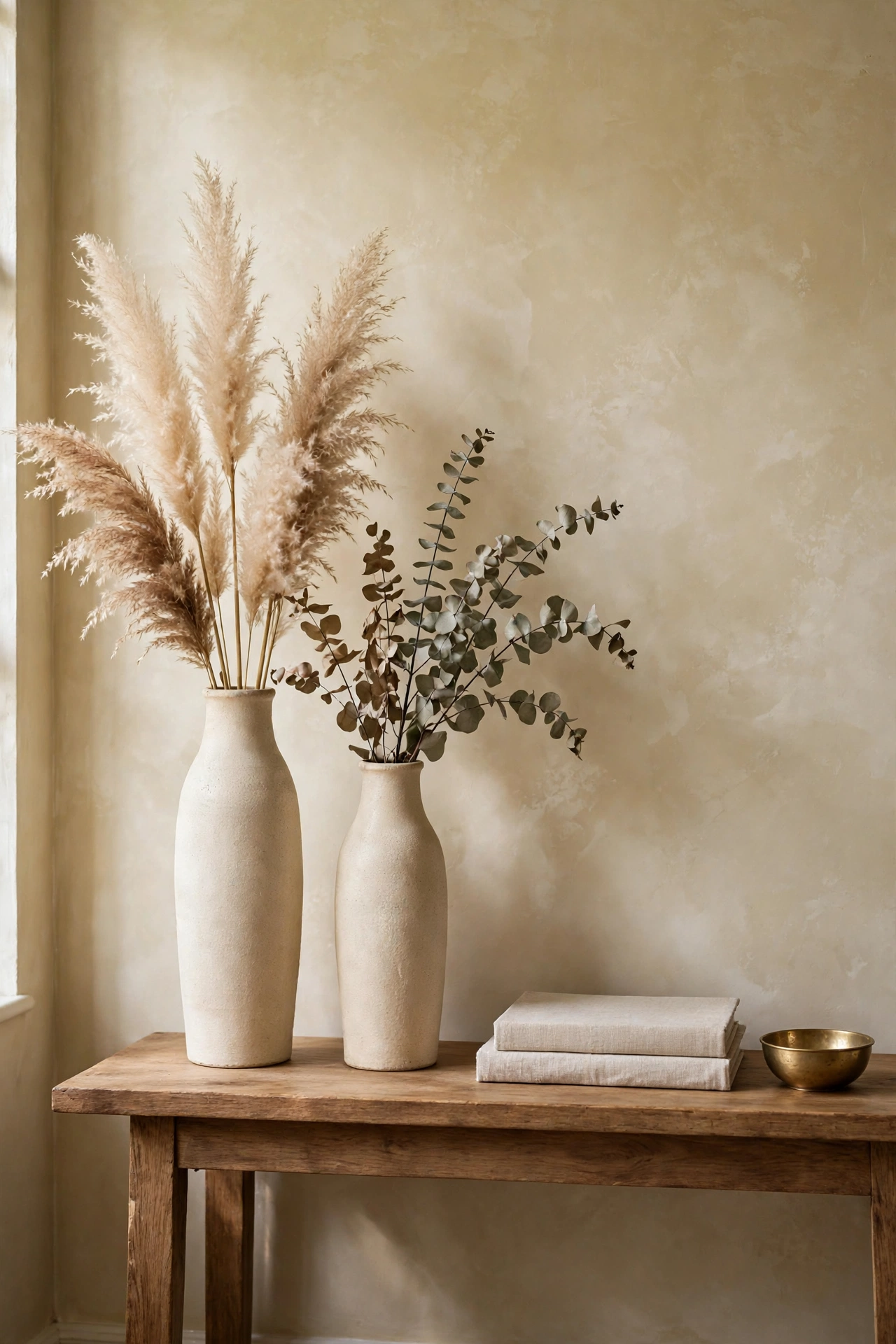 Wood console vignette with tall stoneware vases of dried pampas and eucalyptus, linen books, and a small brass bowl