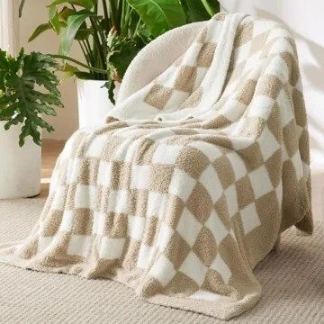 Bedsure Checkered Throw Blankets for Couch - Beige Fluffy Fuzzy Plush Soft Reversible Checkerboard Blanket for Sofa and Bed, Cozy Warm Lightweight Throws Gifts for Women and Girls (50" x 60")
