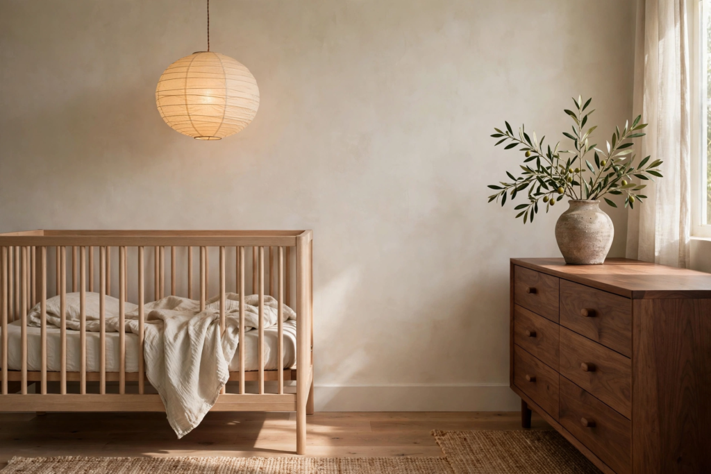 Calm Japandi nursery with a light oak crib, glowing washi paper pendant, and walnut dresser with an olive branch in warm morning light