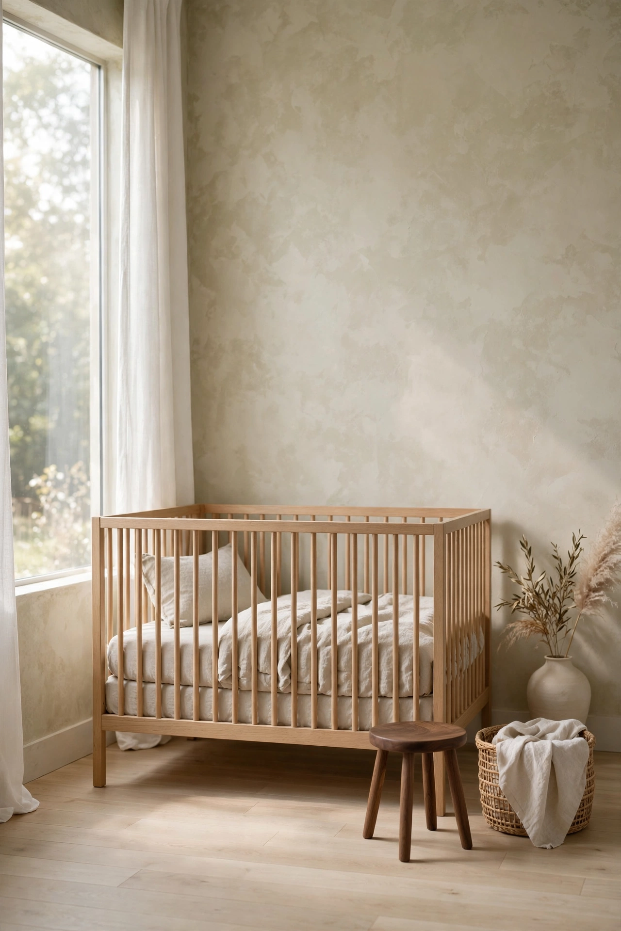 Light oak crib with oatmeal linen bedding against limewashed oatmeal walls in a calm Japandi nursery with morning light