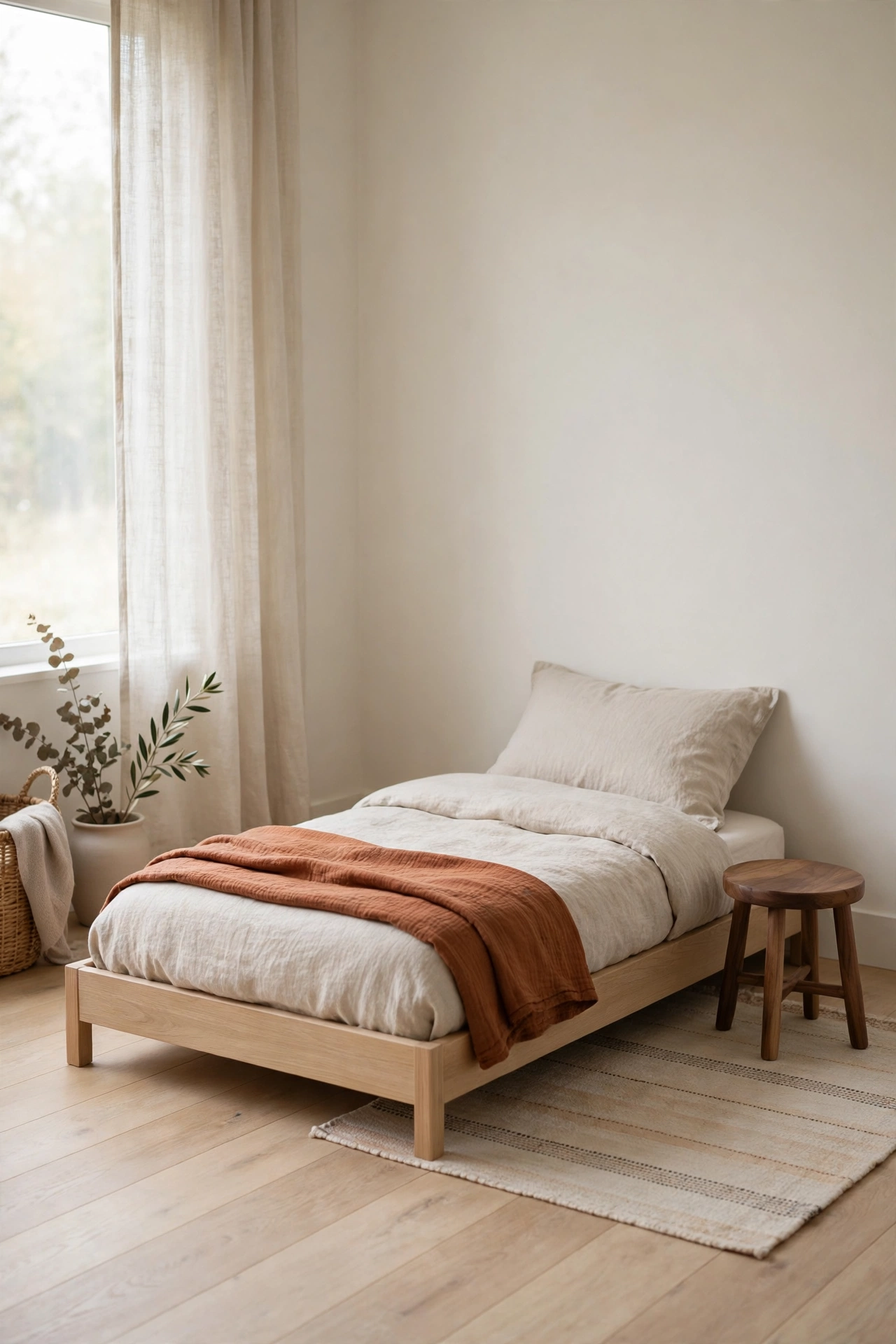 Low light oak Montessori floor bed with oatmeal linen and a rust toned muslin folded at the foot in a Japandi nursery