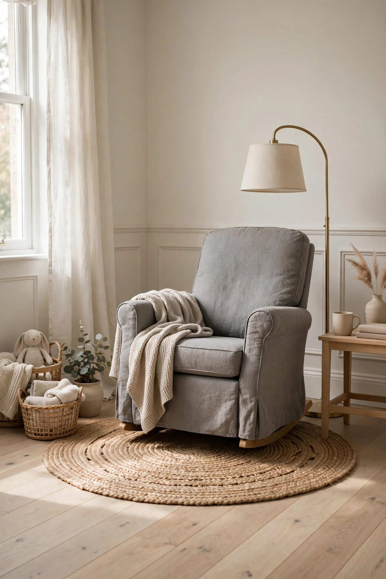 Round braided jute rug with a grey linen glider chair and oatmeal throw under a brass arc lamp in a nursery corner