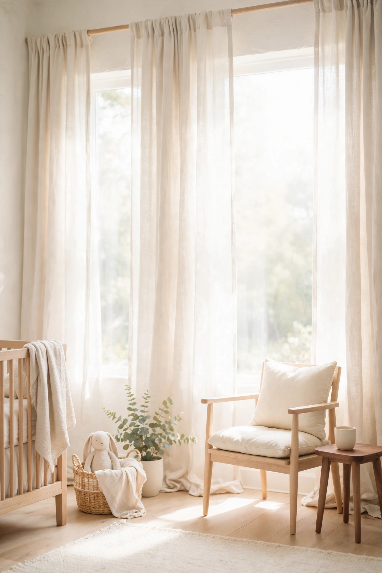 Oatmeal linen curtains glowing in daylight beside a light oak reading chair with a cream cushion in a bright nursery