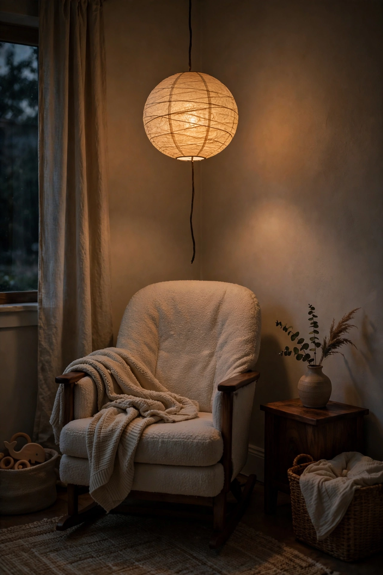 Glowing washi paper globe pendant lighting a nursery nursing chair in warm amber light at dusk