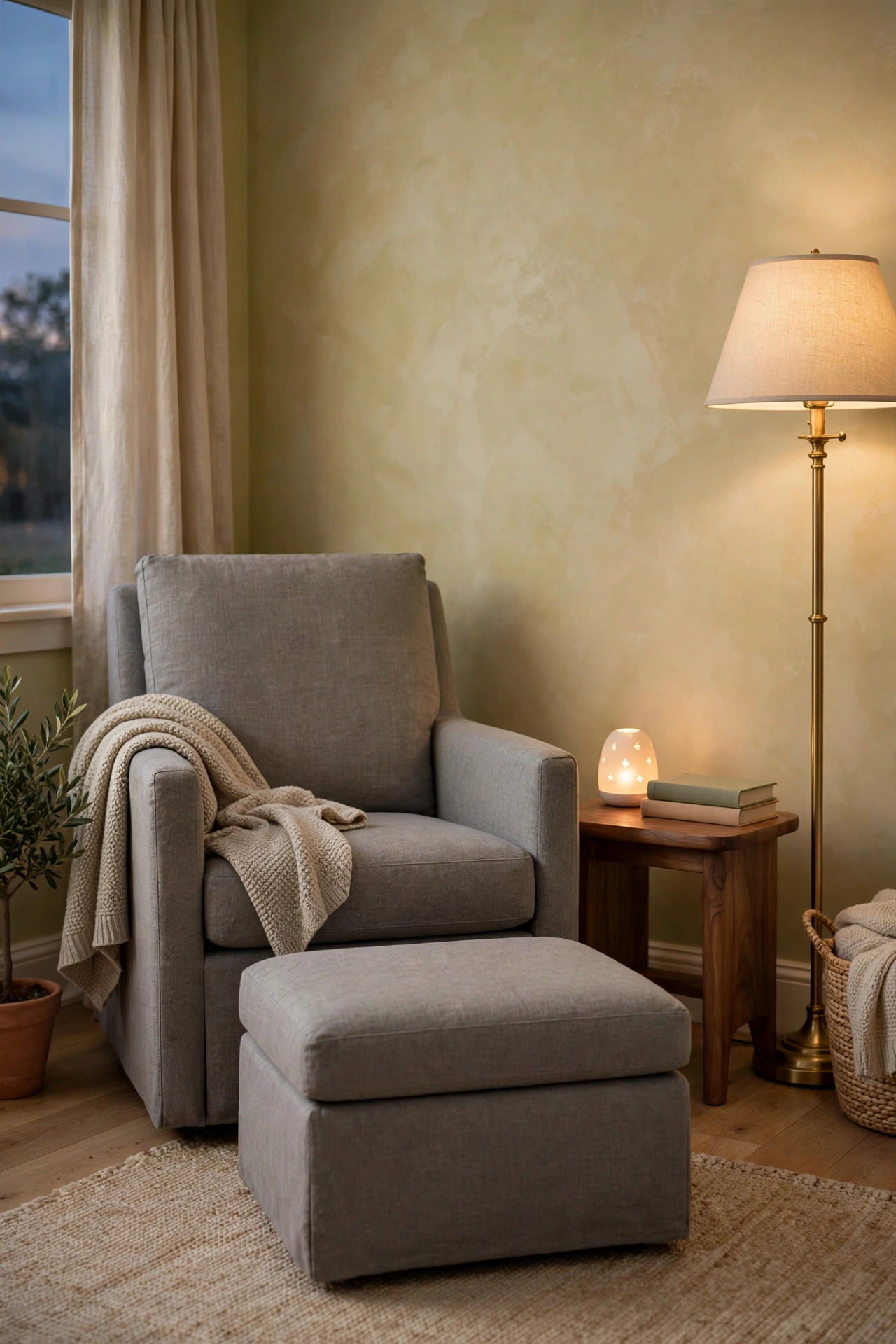 Grey linen glider and ottoman with an oatmeal knit throw beside a walnut side table with a glowing night light