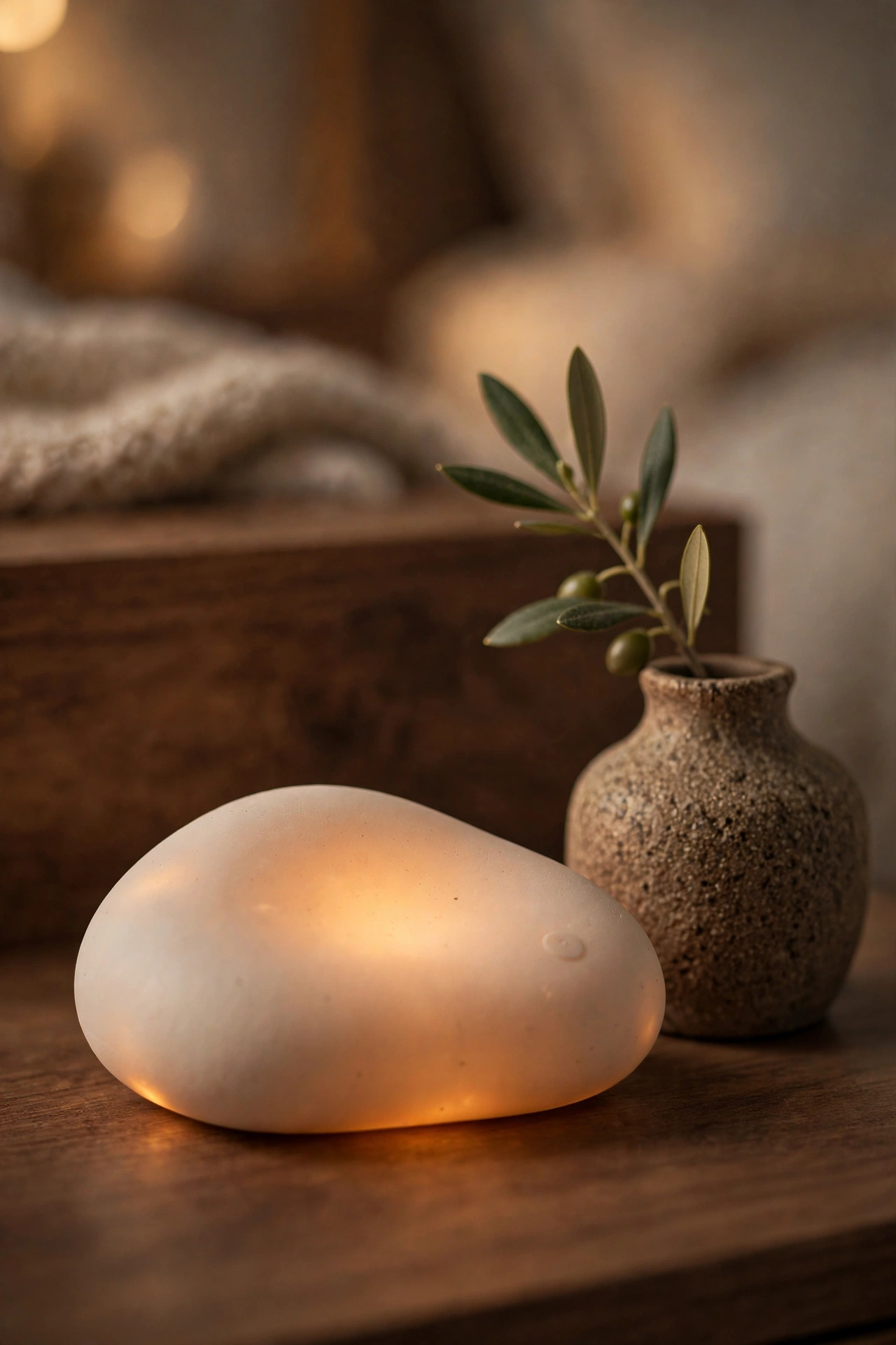 Pebble shaped sound machine glowing amber on a walnut nightstand with a stoneware vase holding an olive sprig