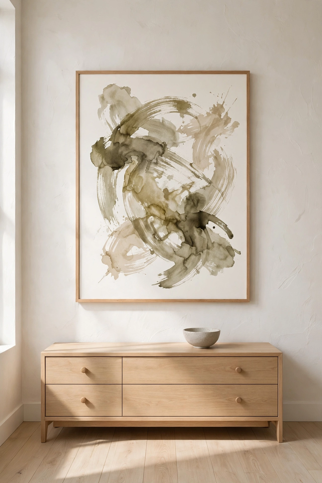 Large framed ink brushstroke artwork in oatmeal and olive tones above a low light oak dresser in a nursery