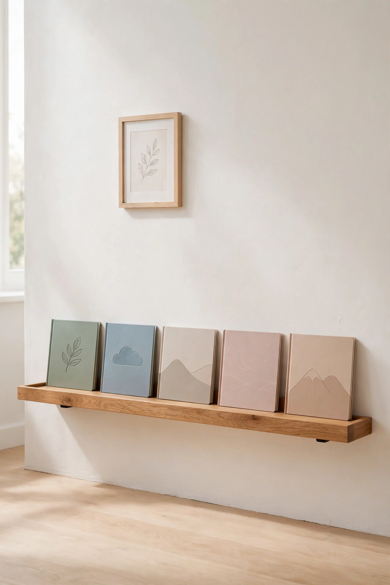 Low light oak book ledge with muted picture books facing out on a warm white nursery wall