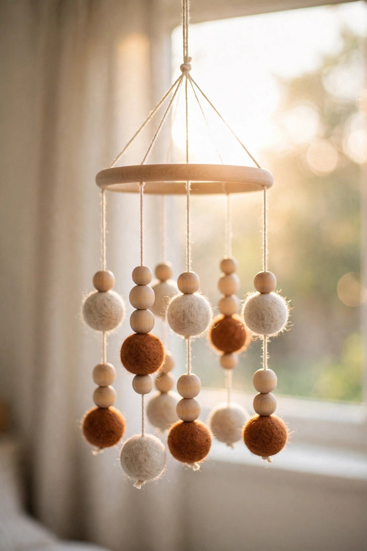 Handmade wooden bead mobile with oatmeal and rust felt balls backlit near a nursery window with linen curtains