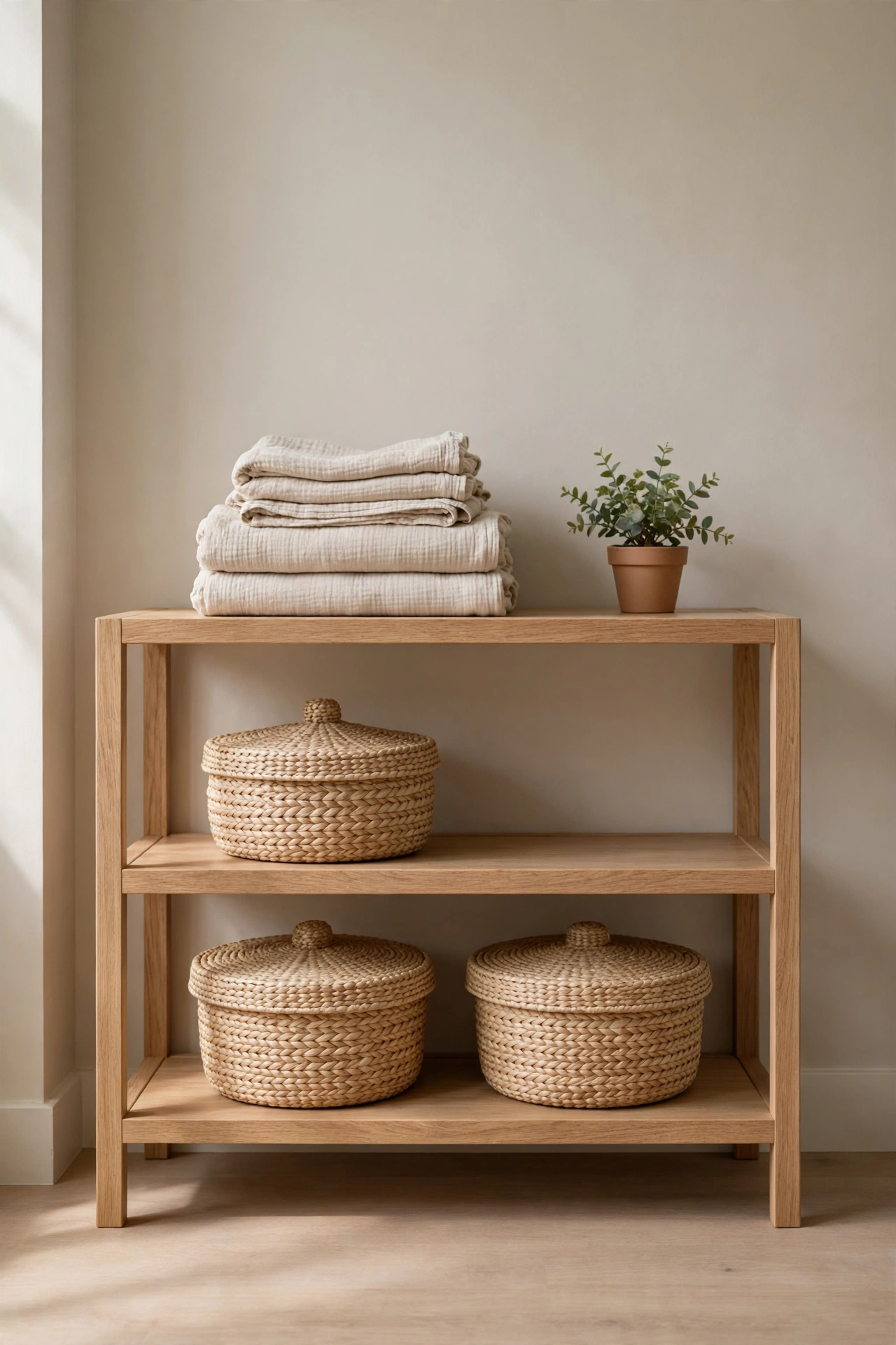 Low open light oak shelves styled with lidded seagrass baskets and folded oatmeal muslin blankets in a nursery
