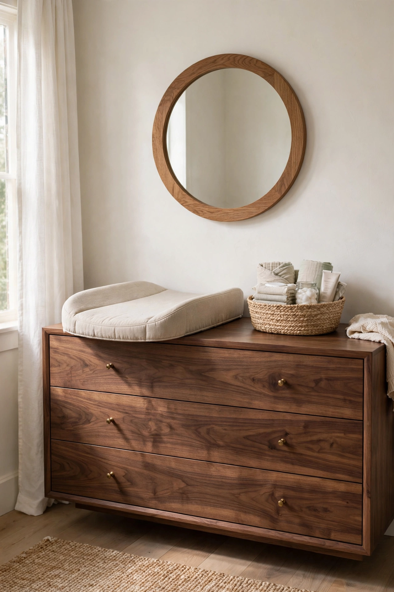 Walnut dresser with brass knobs styled as a changing station with an oatmeal pad under a round oak framed mirror