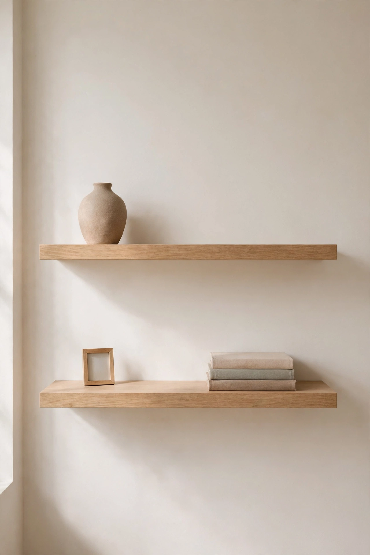 Two floating light oak shelves on a warm white nursery wall styled with books, a stoneware vase, and empty space