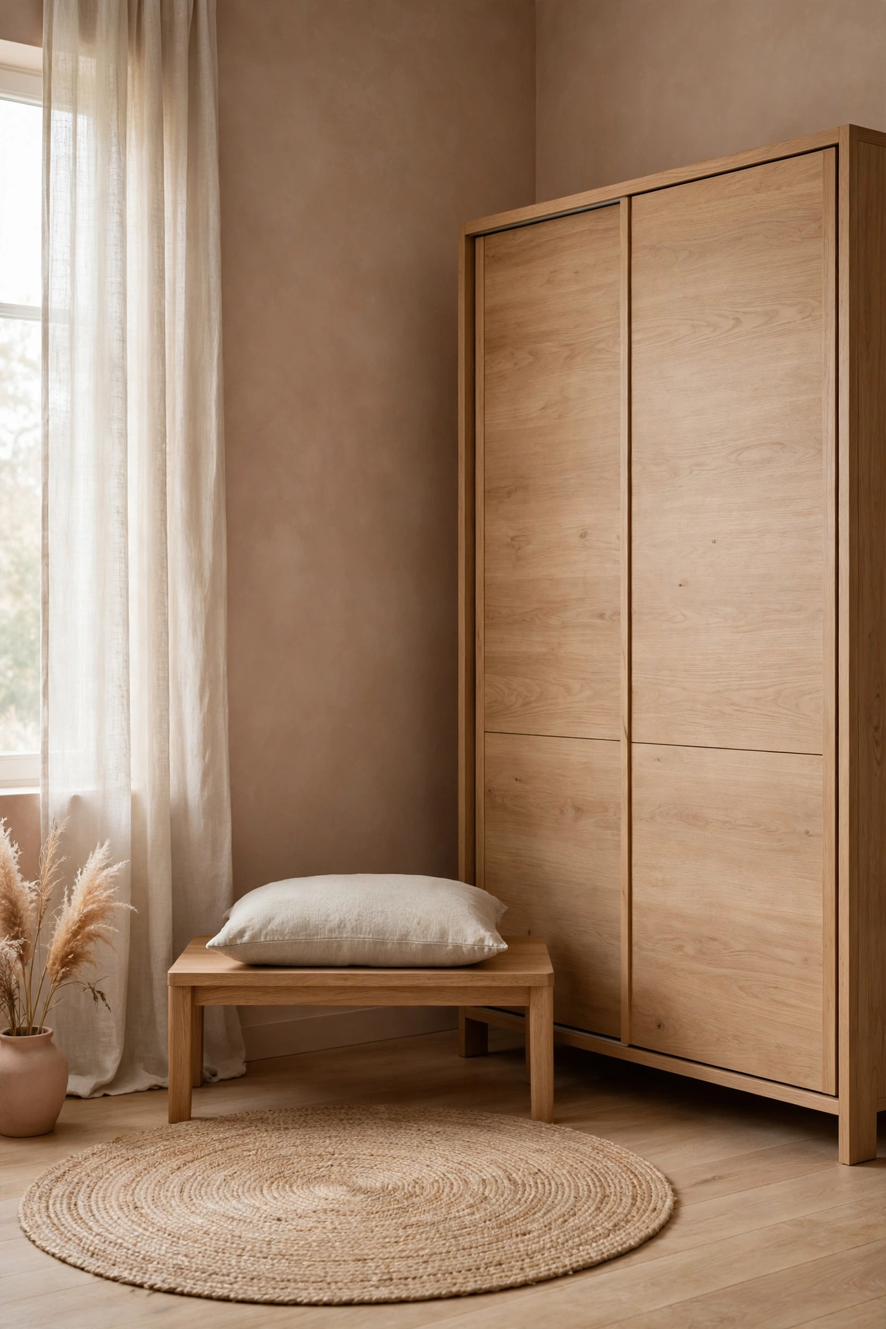 Light oak sliding door wardrobe with a low oak bench and oatmeal cushion on a round jute rug in a serene nursery