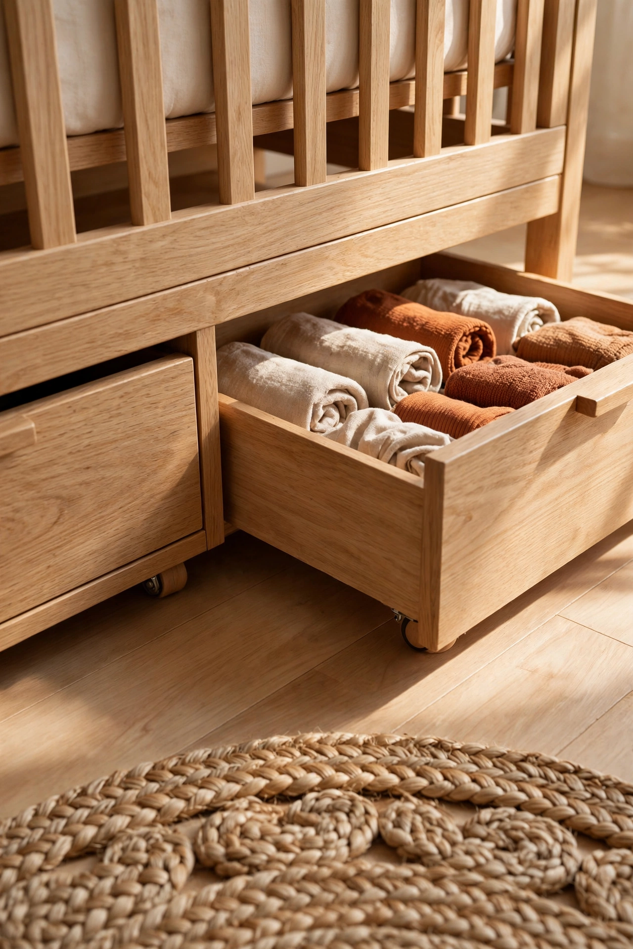 Pull out oak storage drawers under a light oak crib with one drawer open showing rolled baby clothes in oatmeal and rust