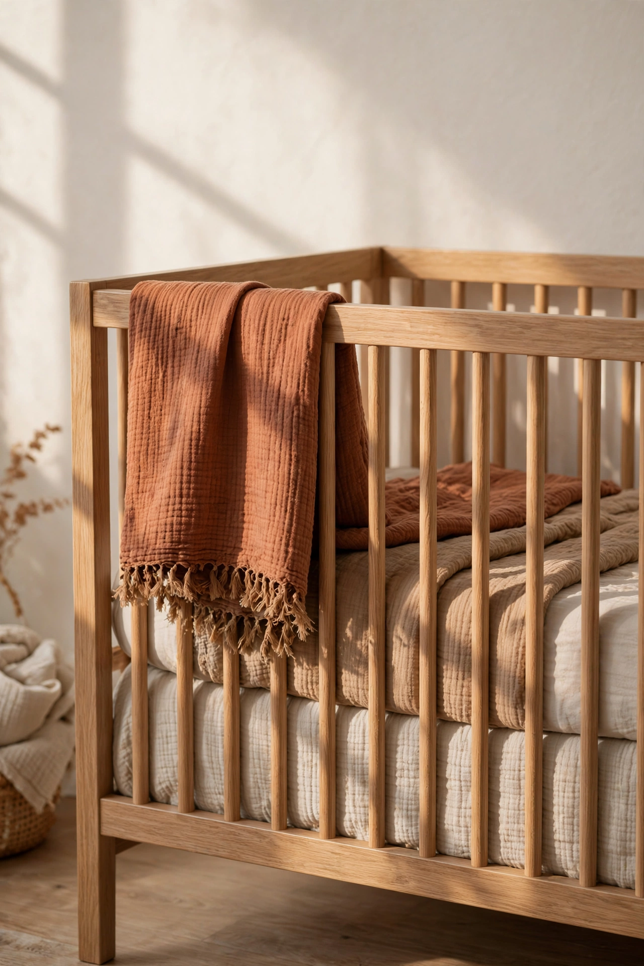 Light oak crib layered with muslin blankets in oatmeal, camel, and rust in soft morning light
