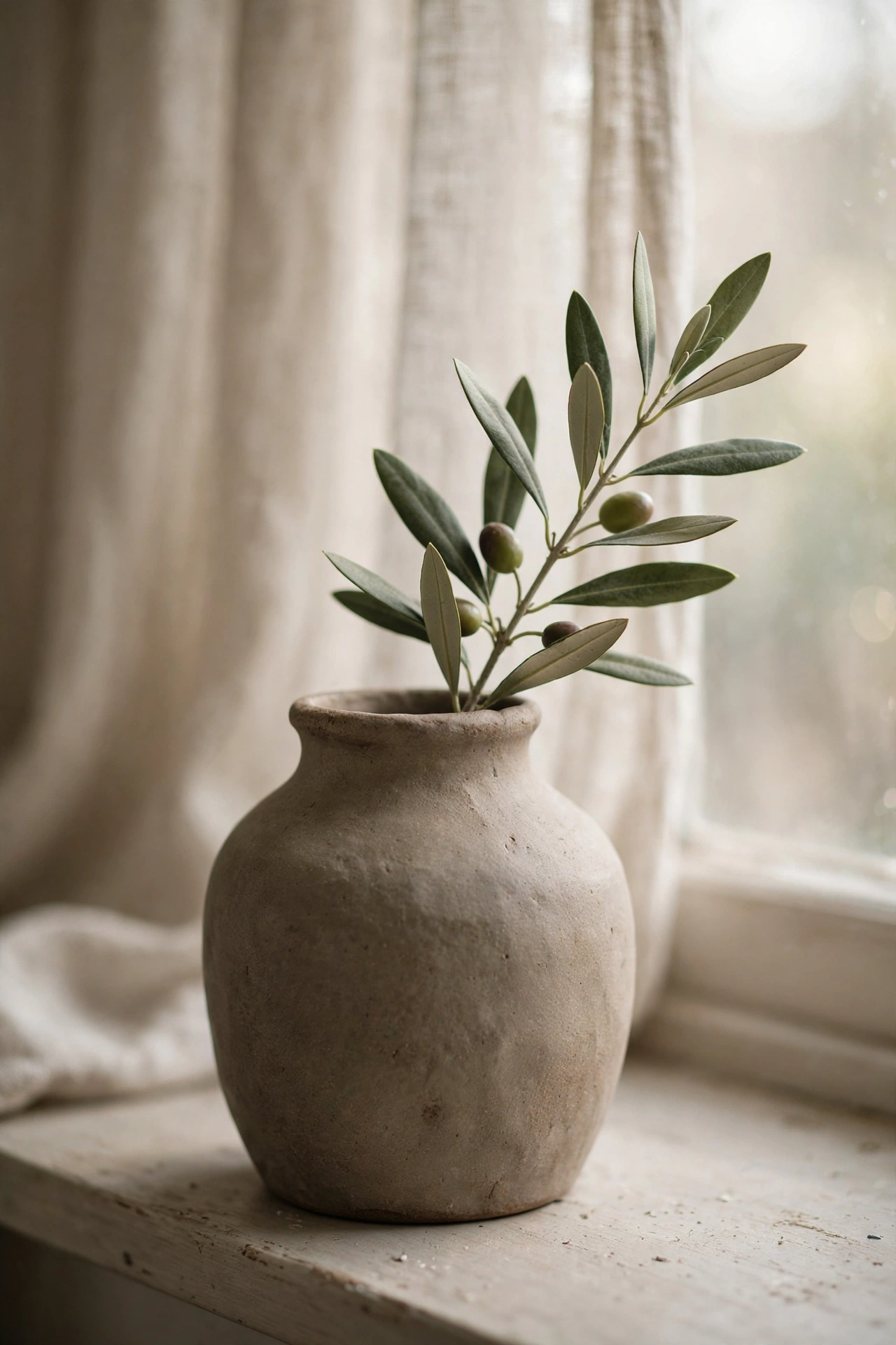 Olive branch in a handmade stoneware vase on a nursery windowsill with daylight through oatmeal linen curtains